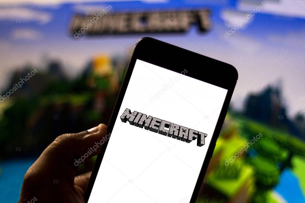 April 2, 2019, Brazil. Minecraft logo on Android mobile device. Minecraft is an open-world, independent, sandbox-style electronic game that allows you to build blocks from which the world is made.