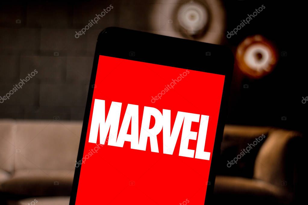April 3, 2019, Brazil. Marvel logo on the screen of the mobile device. Marvel Comics is a publisher of American comics and media. It is considered one of the largest publishers of comics in the world.