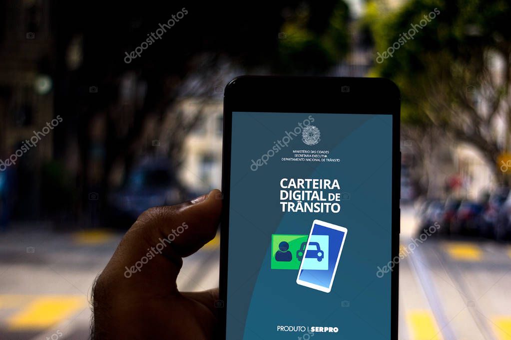 April 4, 2019, Brazil. Digital Transit Portfolio (CDT) application on the screen of the mobile device. It is an application that allows to have the digital version of the driver's license.