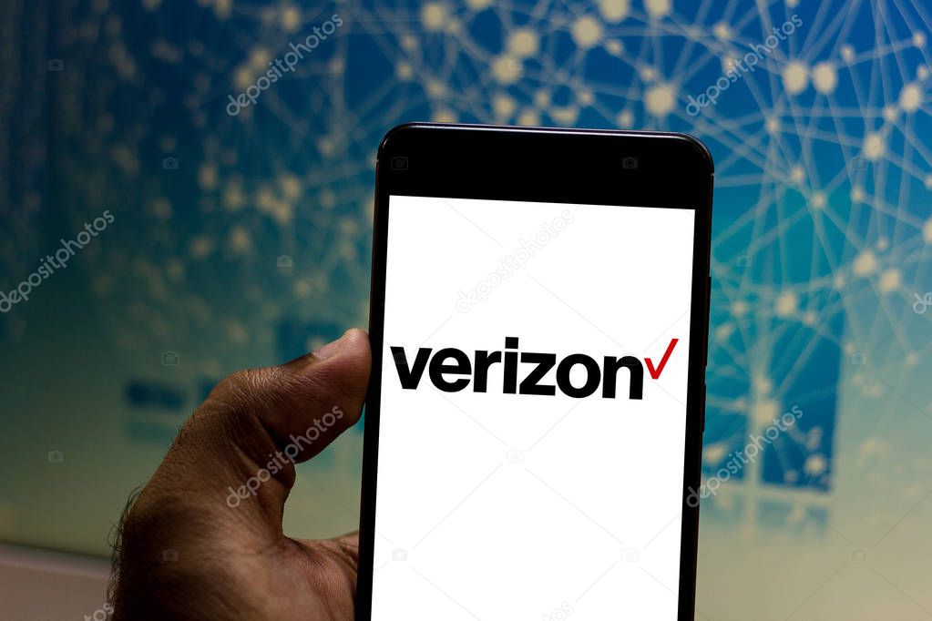 April 10, 2019, Brazil. Verizon Wireless logo on the mobile device. Verizon is the largest mobile phone operator in the United States.