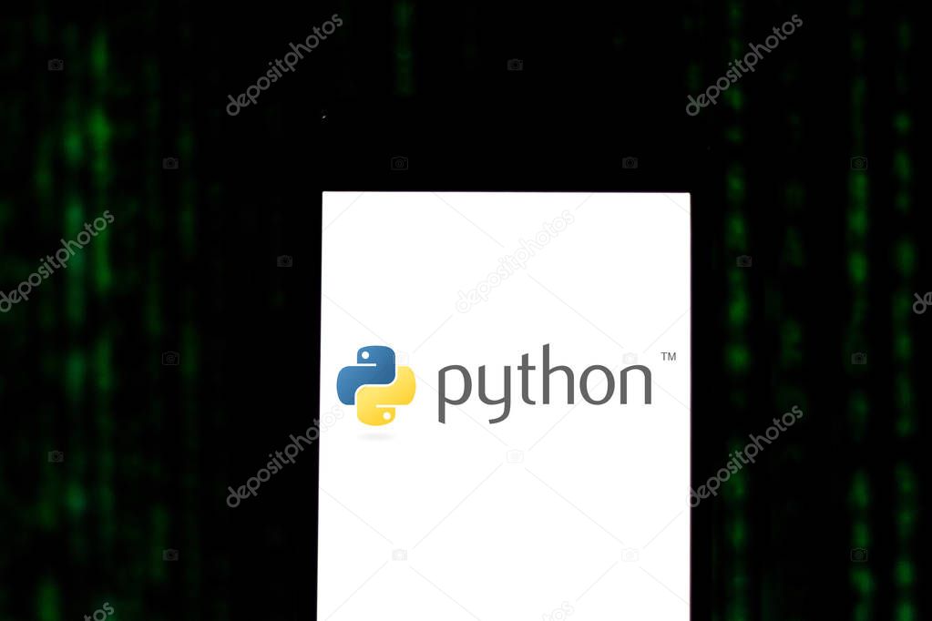 April 11, 2019, Brazil. Python logo on your mobile device. Python is a high-level web programming language, dynamic and strong typing.