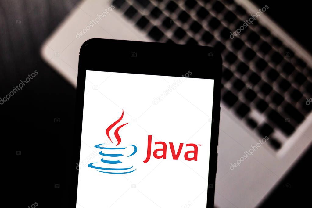 April 11, 2019, Brazil. Java logo on your mobile device. Java is a web programming language. It is developed by Oracle Corporation.
