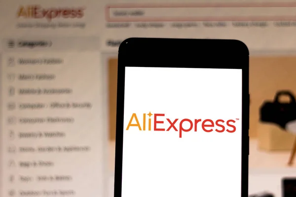 Abril 2019 Brasil Logo Aliexpress Dispositivo Móvil Aliexpress Servicio Minorista — Foto de Stock