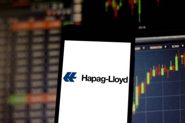 April 16, 2019, Brazil. Hapag-Lloyd logo on the mobile device. Hapag-Lloyd is a German shipping and containerization company. It operates in several countries around the world. clipart