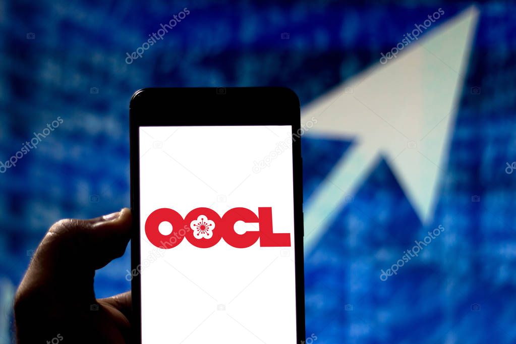 April 16, 2019, Brazil. Orient Overseas Container Line logo on the mobile device. OOCL is a container transportation and logistics services company based in Hong Kong.