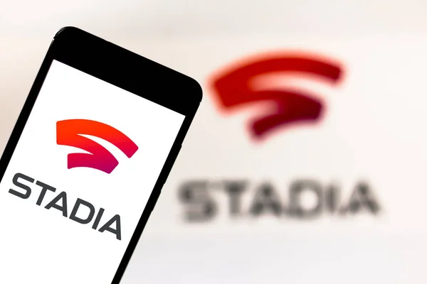 20 april 2019, Brazilië. Logo Google stadions op het mobiele apparaat. Stadia is een streaming video game service ontwikkeld door Google — Stockfoto