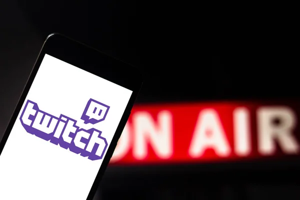 April 22, 2019, Brazil. Twitch TV logo on Android mobile device. Twitch is a streaming site focused on streaming video games, including live or on-demand playthroughs — Stock Photo, Image