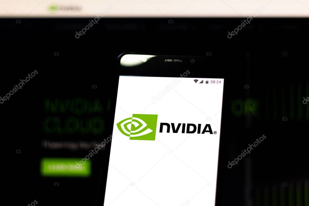 April 25, 2019, Brazil. Nvidia logo on the mobile device. Nvidia is a multinational technology company. It designs graphics processing units (GPUs) for the gaming and professional markets.