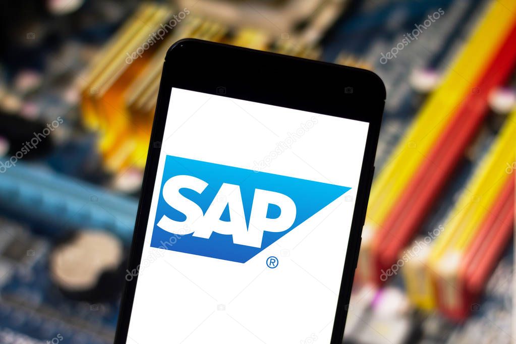 April 25, 2019, Brazil. SAP logo on the mobile device. SAP is a company of German origin, creator of software of management of companies.