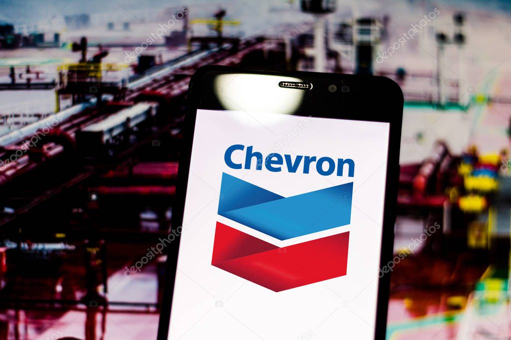 April 29, 2019, Brazil. In this photo illustration the Chevron logo is displayed on the screen of the mobile device.