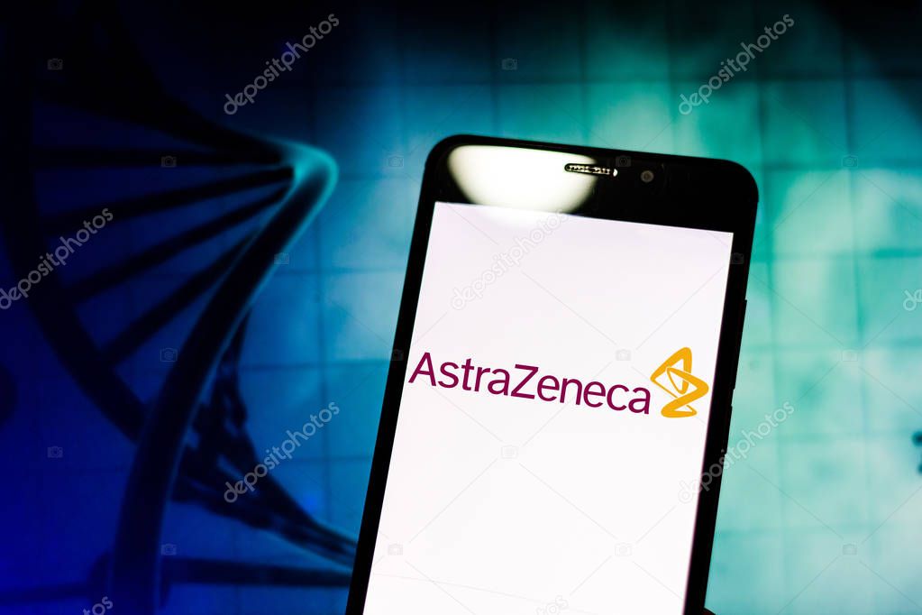 April 29, 2019, Brazil. In this photo illustration the AstraZeneca PLC logo is displayed on the screen of the mobile device.