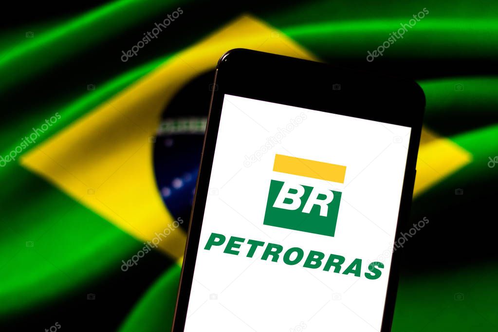 April 29, 2019, Brazil. In this photo illustration the Petrobras logo is displayed on the screen of the mobile device.