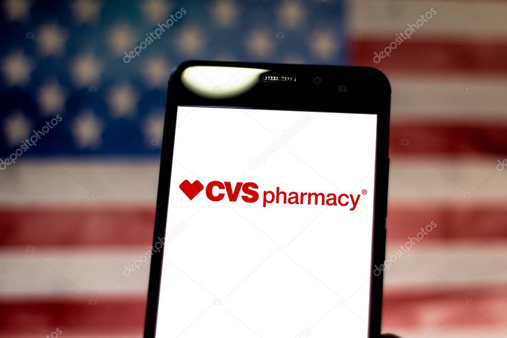 May 05, 2019, Brazil. In this photo illustration the CVS Pharmacy logo is displayed on a smartphone.