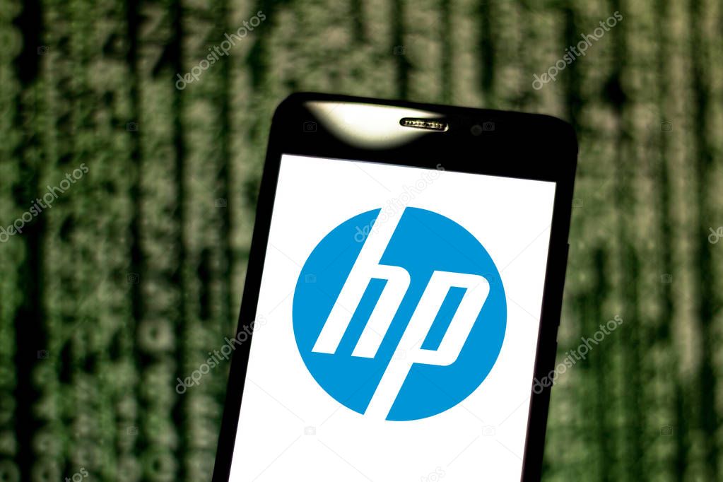 May 05, 2019, Brazil. In this photo illustration the Hewlett-Packard Company (HP) logo is displayed on a smartphone.