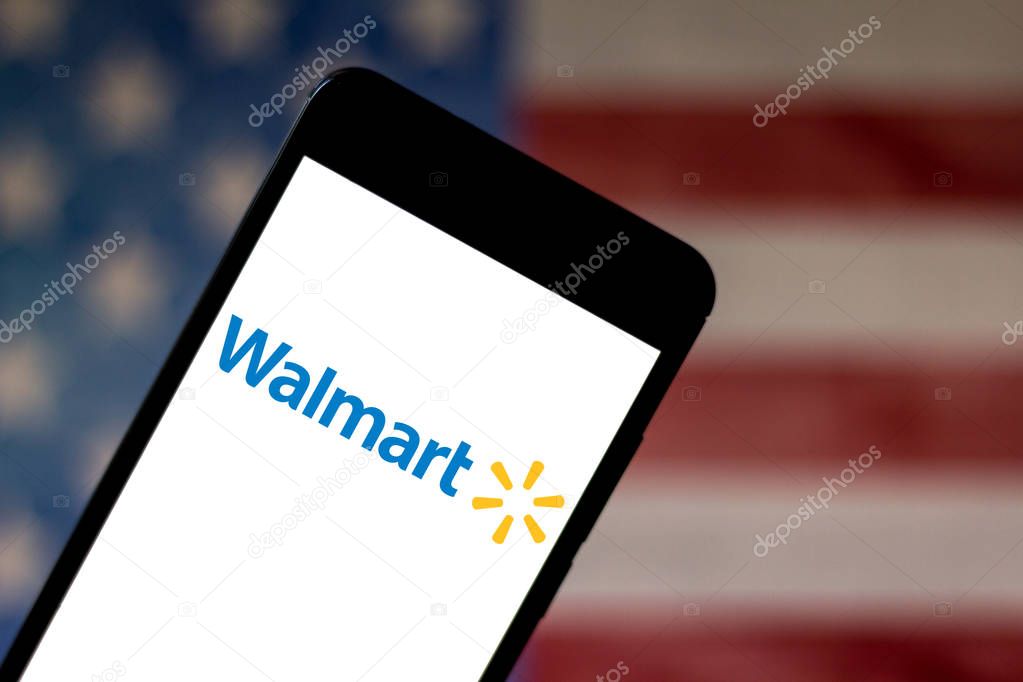 May 05, 2019, Brazil. In this photo illustration the Walmart Stores logo is displayed on a smartphone.