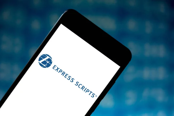 05 Mei 2019, Brasil. Dalam gambar foto ini logo Express Scripts ditampilkan pada smartphone — Stok Foto