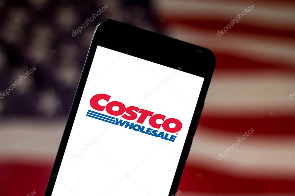 May 05, 2019, Brazil. In this photo illustration the Costco Wholesale Corporation logo is displayed on a smartphone.