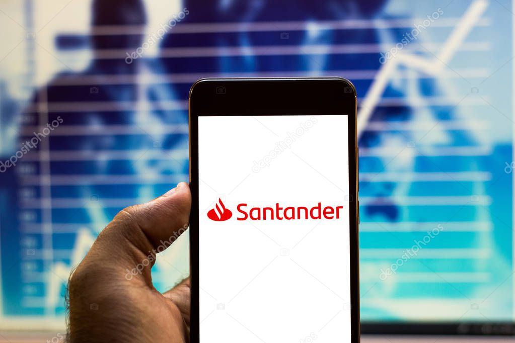 May 19, 2019, Brazil. In this photo illustration the Santander logo is displayed on a smartphone.