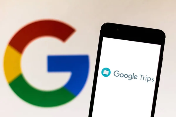 19 maja 2019, Brazylia. Na tej ilustracji zdjęcie logo Google TRIPS jest wyświetlane na smartfonie — Zdjęcie stockowe