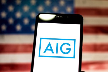 19 Mayıs 2019, Brezilya. Bu fotoğraf illüstrasyonamerikan Uluslararası Grup (Aig) logosu bir akıllı telefonda görüntülenir