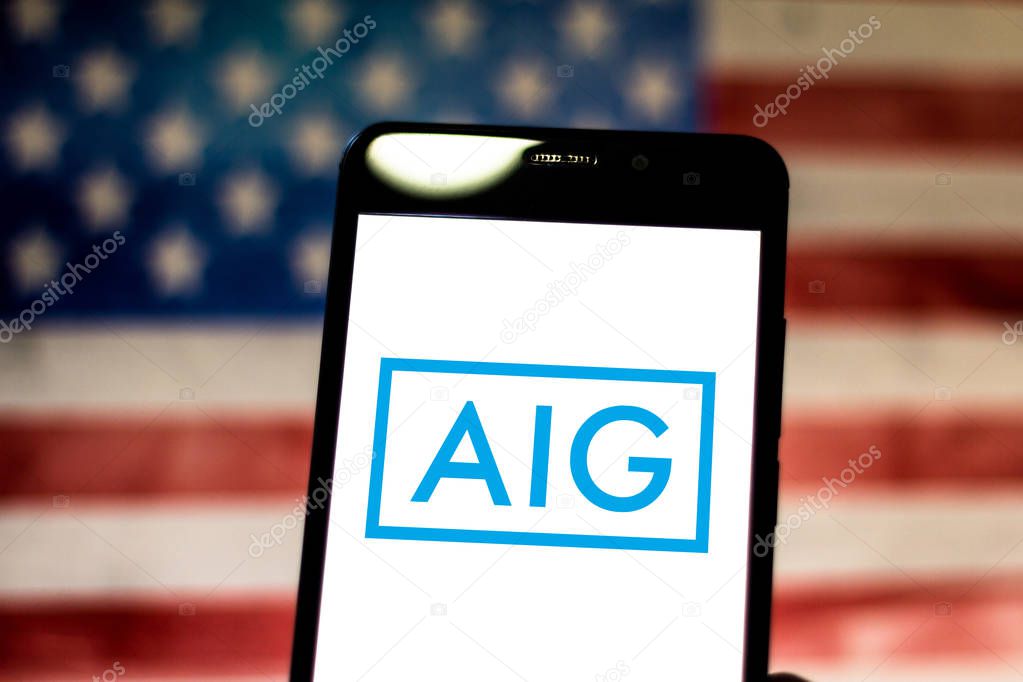 May 19, 2019, Brazil. In this photo illustration the American International Group (AIG) logo is displayed on a smartphone.