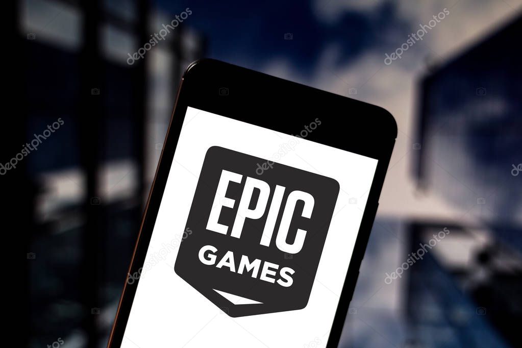May 23, 2019, Brazil. In this photo illustration the Epic Games logo is displayed on a smartphone.