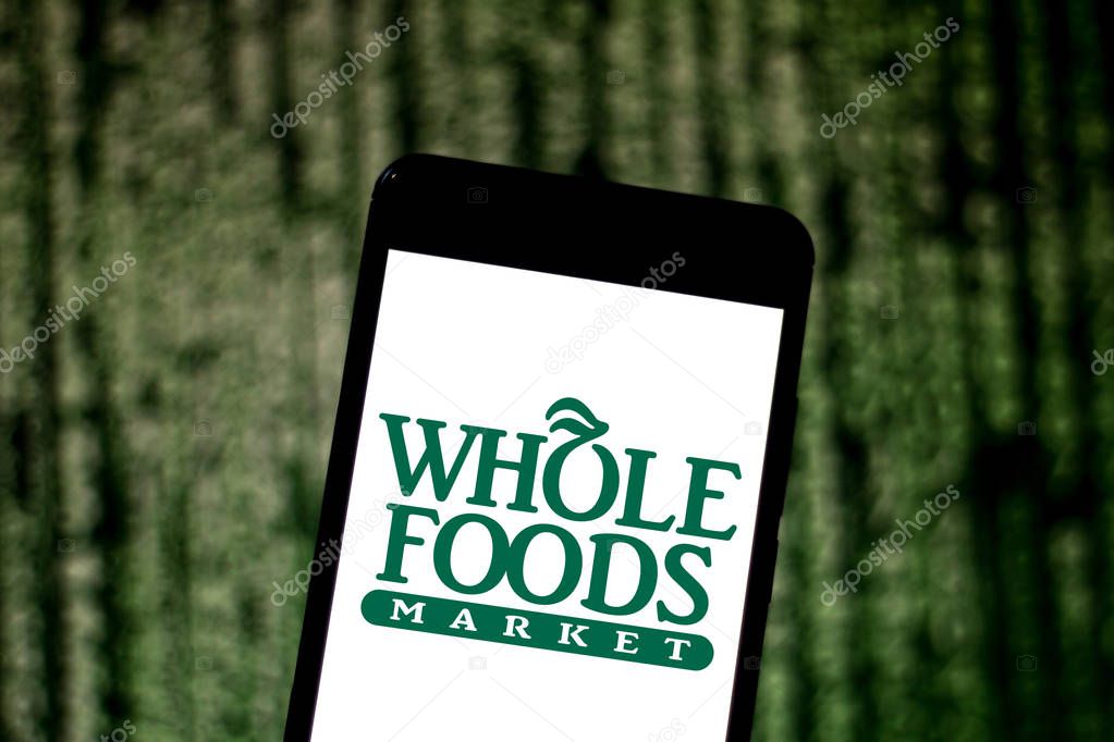May 24, 2019, Brazil. In this photo illustration the Whole Foods Market logo is displayed on a smartphone.