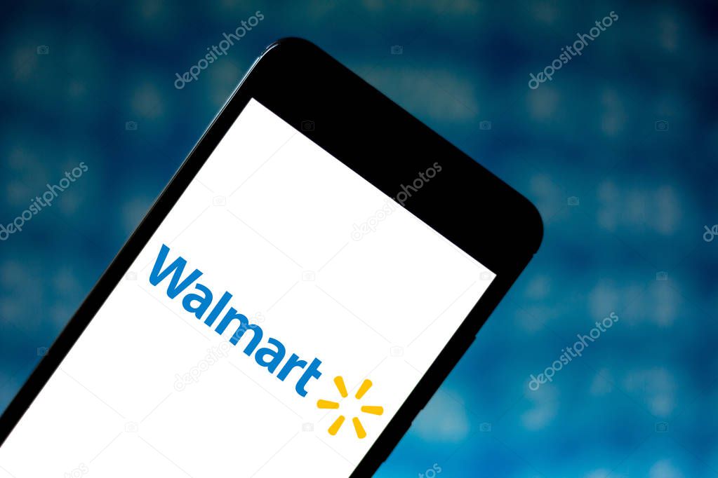 May 24, 2019, Brazil. In this photo illustration the Walmart Stores logo is displayed on a smartphone.