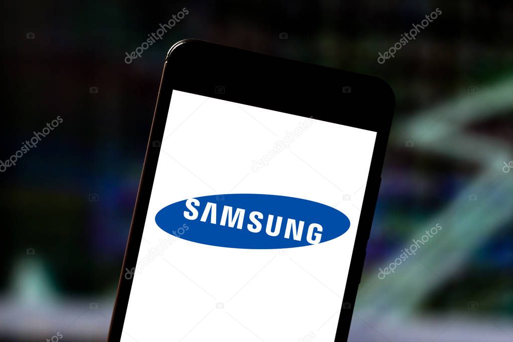 May 24, 2019, Brazil. In this photo illustration the Samsung Electronics logo is displayed on a smartphone.