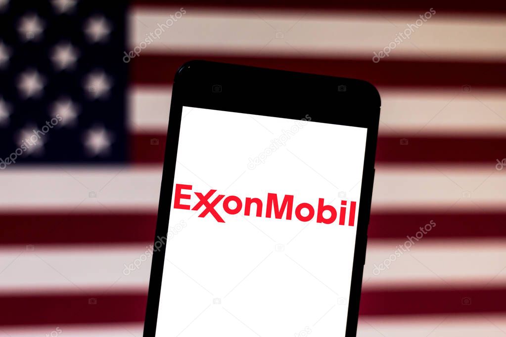 May 24, 2019, Brazil. In this photo illustration the Exxon Mobil Corporation logo is displayed on a smartphone.