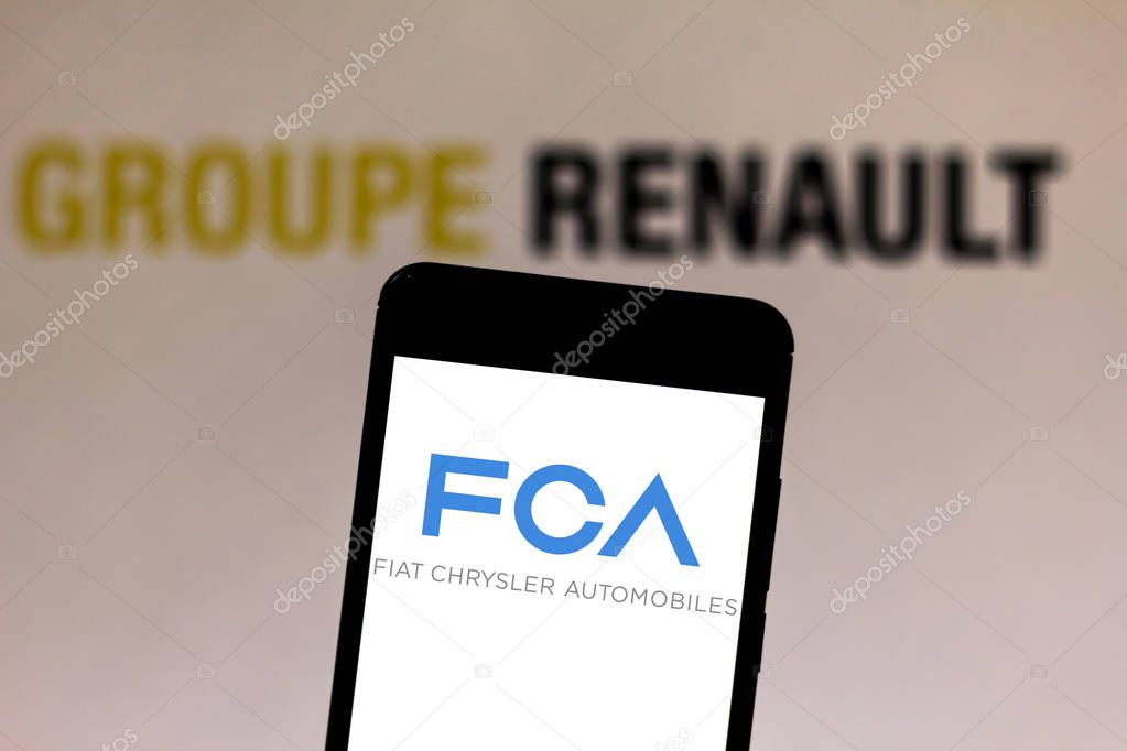 May 27, 2019, Brazil. In this photo illustration the Fiat Chrysler Automobiles logo is displayed on a smartphone.