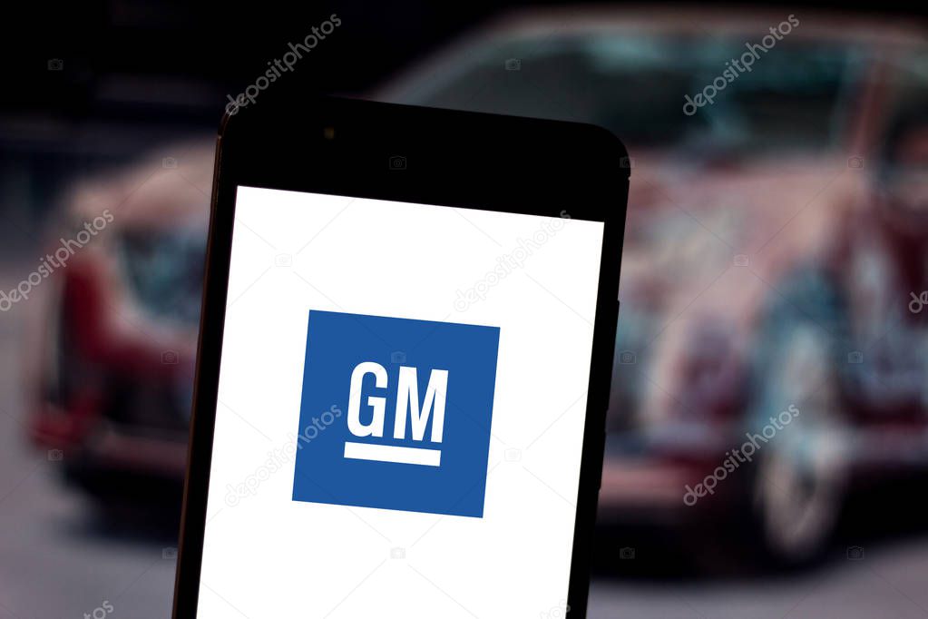 May 30, 2019, Brazil. In this photo illustration the General Motors (GM) logo is displayed on a smartphone.