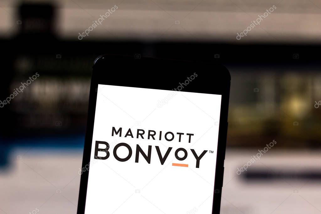 May 31, 2019, Brazil. In this photo illustration the Marriott International logo is displayed on a smartphone.