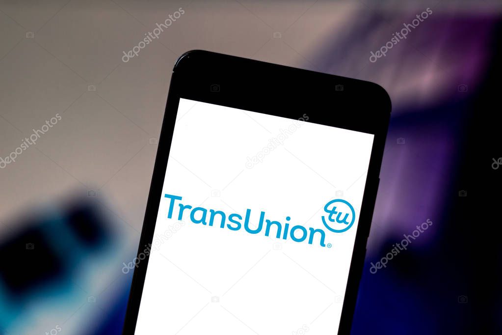 May 31, 2019, Brazil. In this photo illustration the TransUnion logo is displayed on a smartphone.