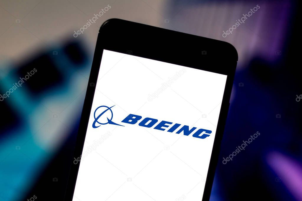 June 1, 2019, Brazil. In this photo illustration the Boeing Company logo is displayed on a smartphone.