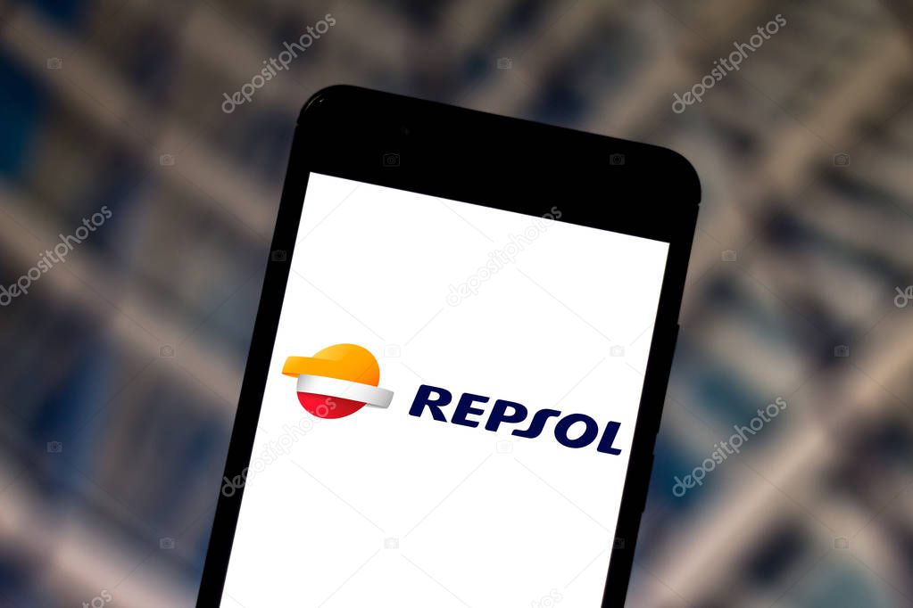 June 1, 2019, Brazil. In this photo illustration the Repsol logo is displayed on a smartphone.
