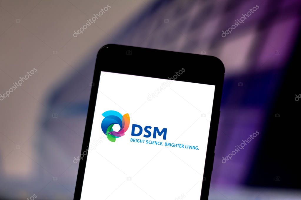 June 1, 2019, Brazil. In this photo illustration the Royal DSM logo is displayed on a smartphone.