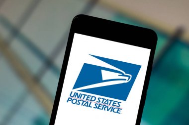 June 1, 2019, Brazil. In this photo illustration the United States Postal Service logo is displayed on a smartphone clipart