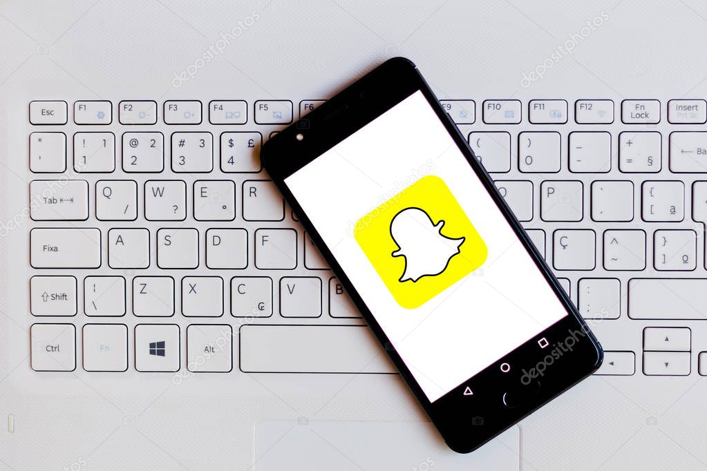 June 3, 2019, Brazil. In this photo illustration the Snapchat logo is displayed on a smartphone.