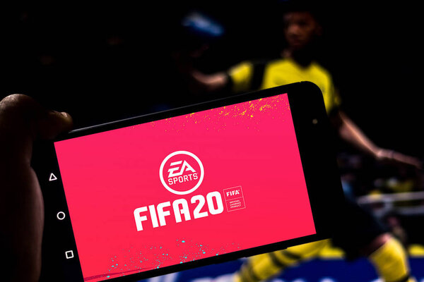 June 12, 2019, Brazil. In this photo illustration the FIFA 20 logo is displayed on a smartphone Royalty Free Stock Images