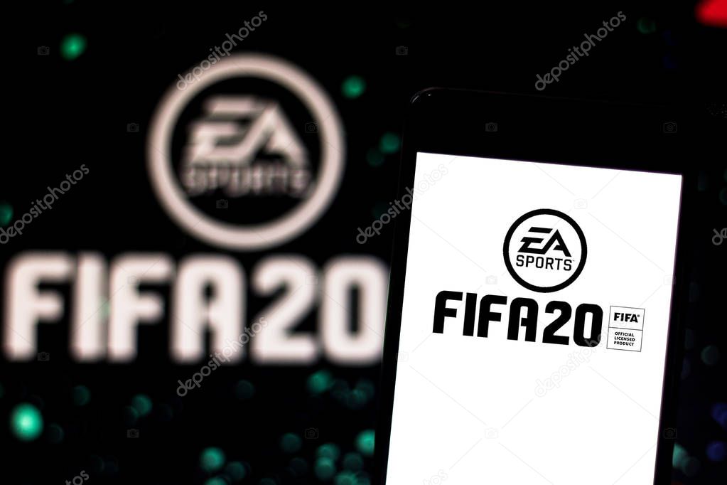 June 12, 2019, Brazil. In this photo illustration the FIFA 20 logo is displayed on a smartphone.