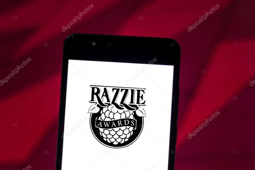 June 19, 2019, Brazil. In this photo illustration the Golden Raspberry Awards (Razzie Awards) logo is displayed on a smartphone.