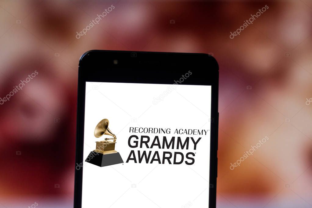 June 19, 2019, Brazil. In this photo illustration the Grammy Awards logo is displayed on a smartphone.
