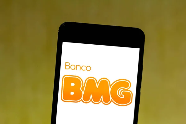 June 28, 2019, Brazil. In this photo illustration the Banco BMG logo is displayed on a smartphone — Stock Photo, Image