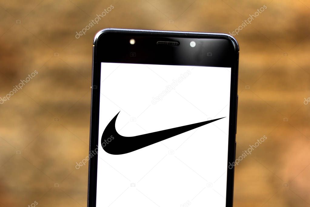 July 3, 2019, Brazil. In this photo illustration the Nike logo is displayed on a smartphone.