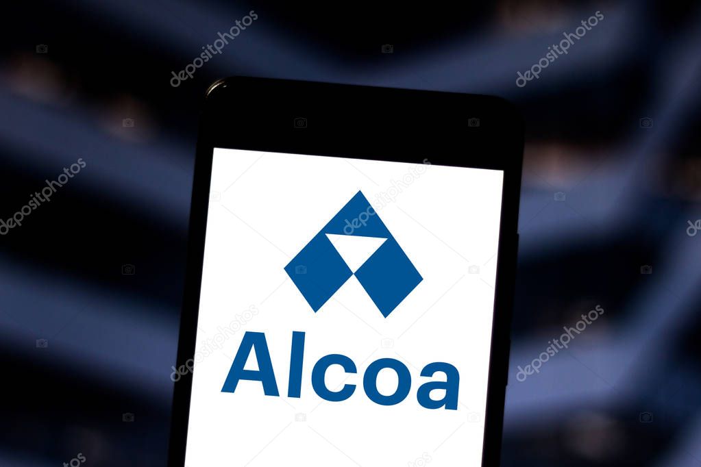 July 4, 2019, Brazil. In this photo illustration the Alcoa logo is displayed on a smartphone.
