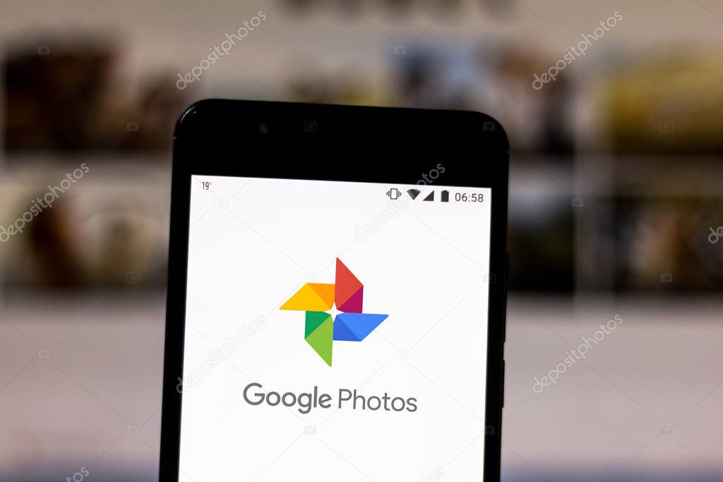 August 19, 2019, Brazil. In this photo illustration the Google Photos logo is displayed on a smartphone.