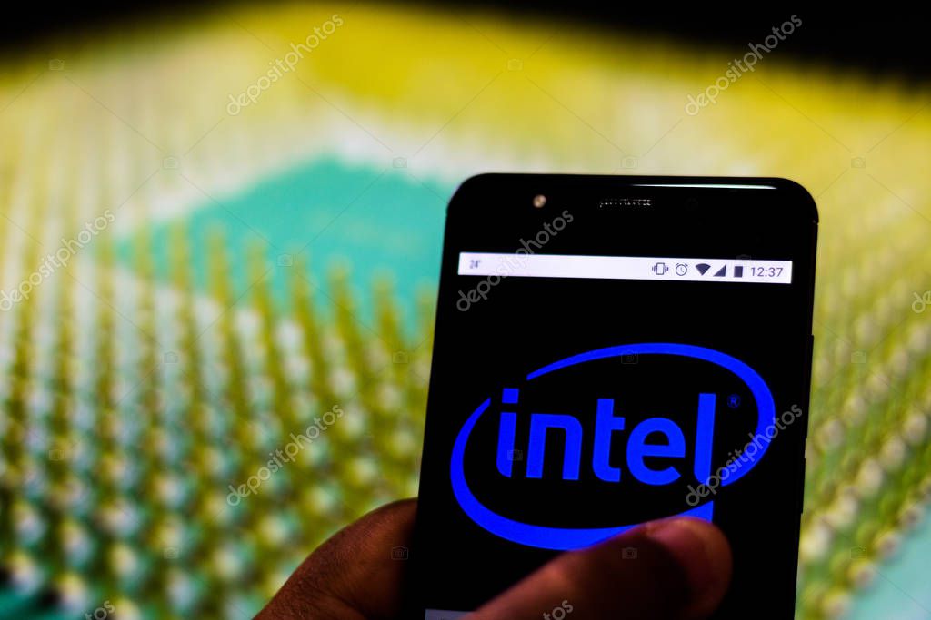 August 20, 2019, Brazil. In this photo illustration the Intel logo is displayed on a smartphone.