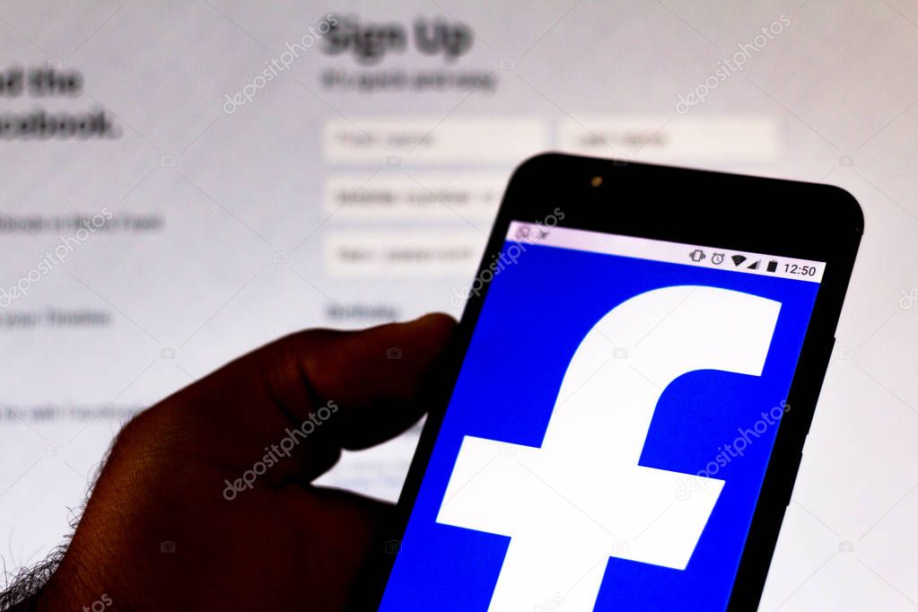 August 20, 2019, Brazil. In this photo illustration the Facebook logo is displayed on a smartphone.