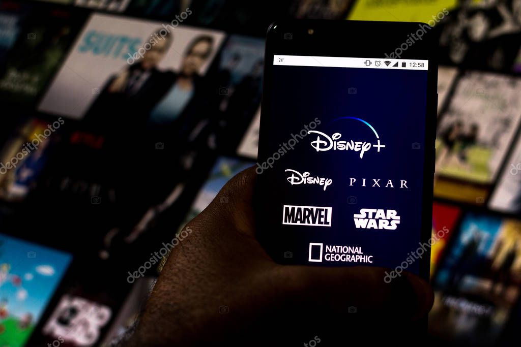 August 20, 2019, Brazil. In this photo illustration the Disney+ (Plus) logo is displayed on a smartphone.